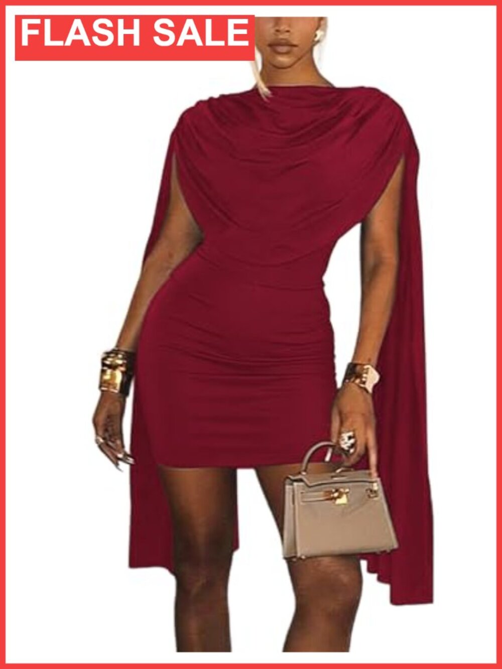Women's Cowl Neck Bodycon Mini Dress Cape Sleeve Ruched Club Party Cocktail